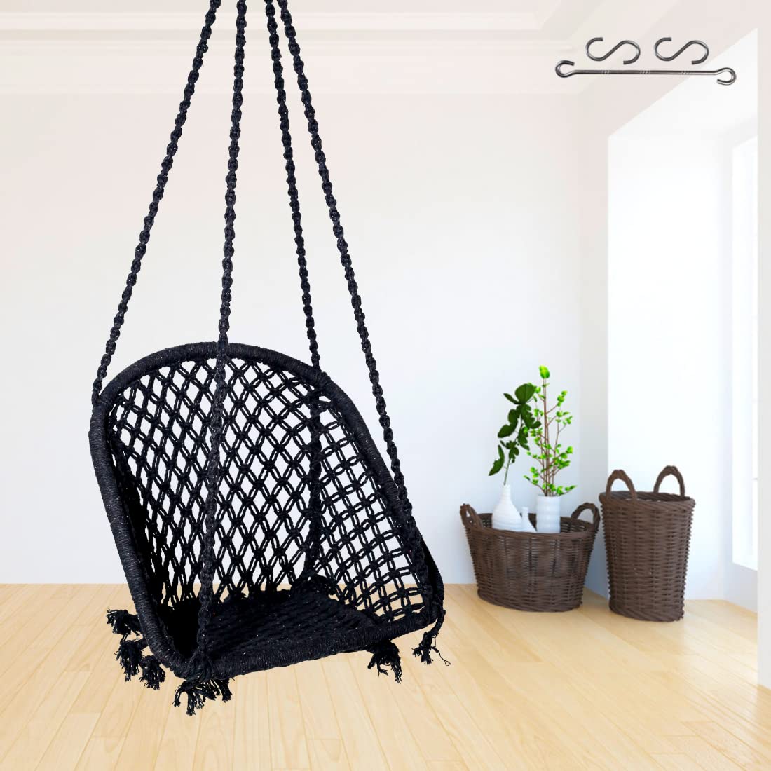Swing for Adults/Jhula for Adults/Wooden Swing for Living Room/Swing for Balcony/Swing Chair/Swing for Adults for Home/Cotton D Shape Hammock Hanging Swing/Includes Hanging Kit(Black) by Patiofy