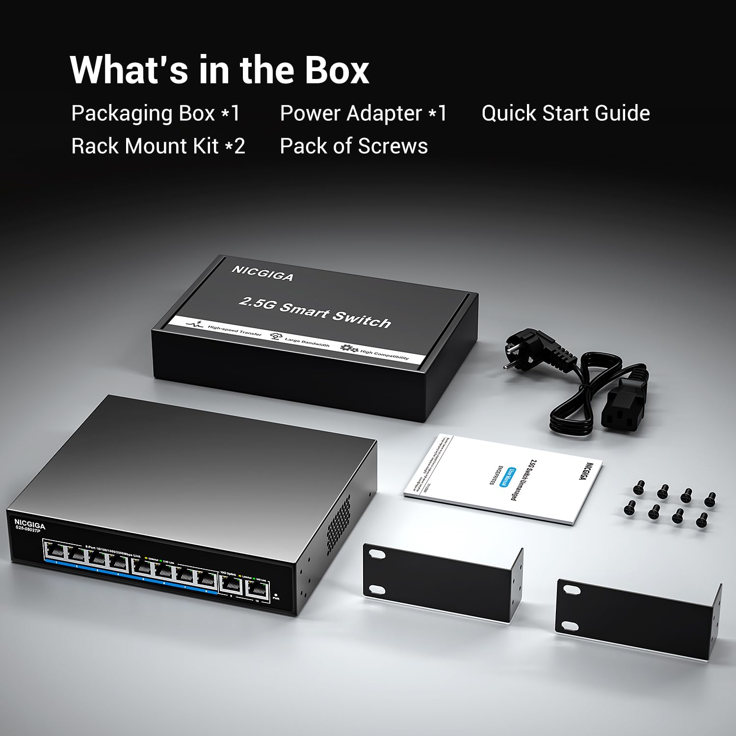 NICGIGA Switch PoE 2.5G No Gestionable 10 Puertos, 8X PoE+ 2.5G Base-T (130W), 2X Uplink 10G RJ45, Switch Ethernet Gigabit IEEE 802.3af/at para Punto de Acceso WiFi 6, NAS, NVR, Cámara 4K