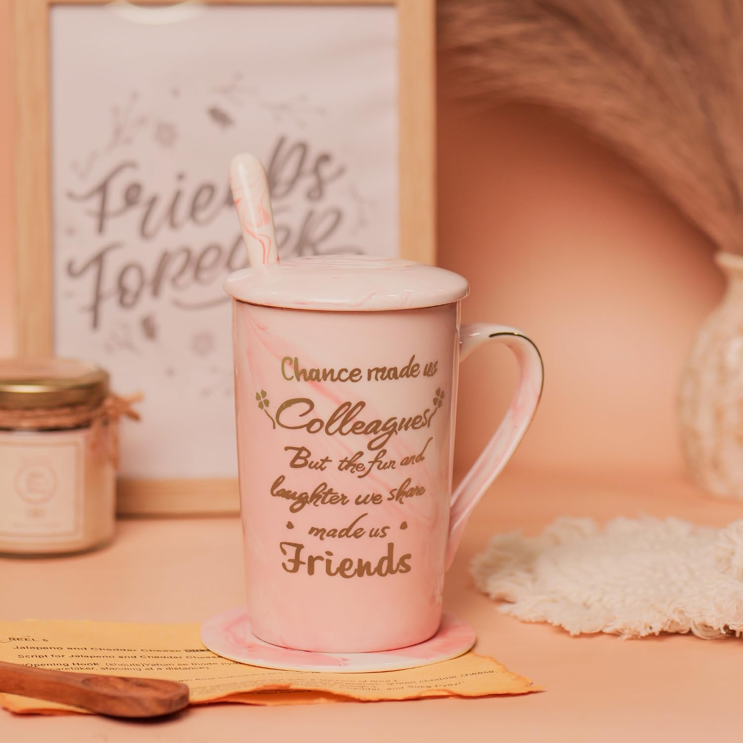 NYRWANA Coffee Mug, Gift for Woman, Birthday Present for Girlfriend, Mugs for Present, Present Items for Women, Cute Mugs with Spoon, Box & Bag (400ml-Pink)