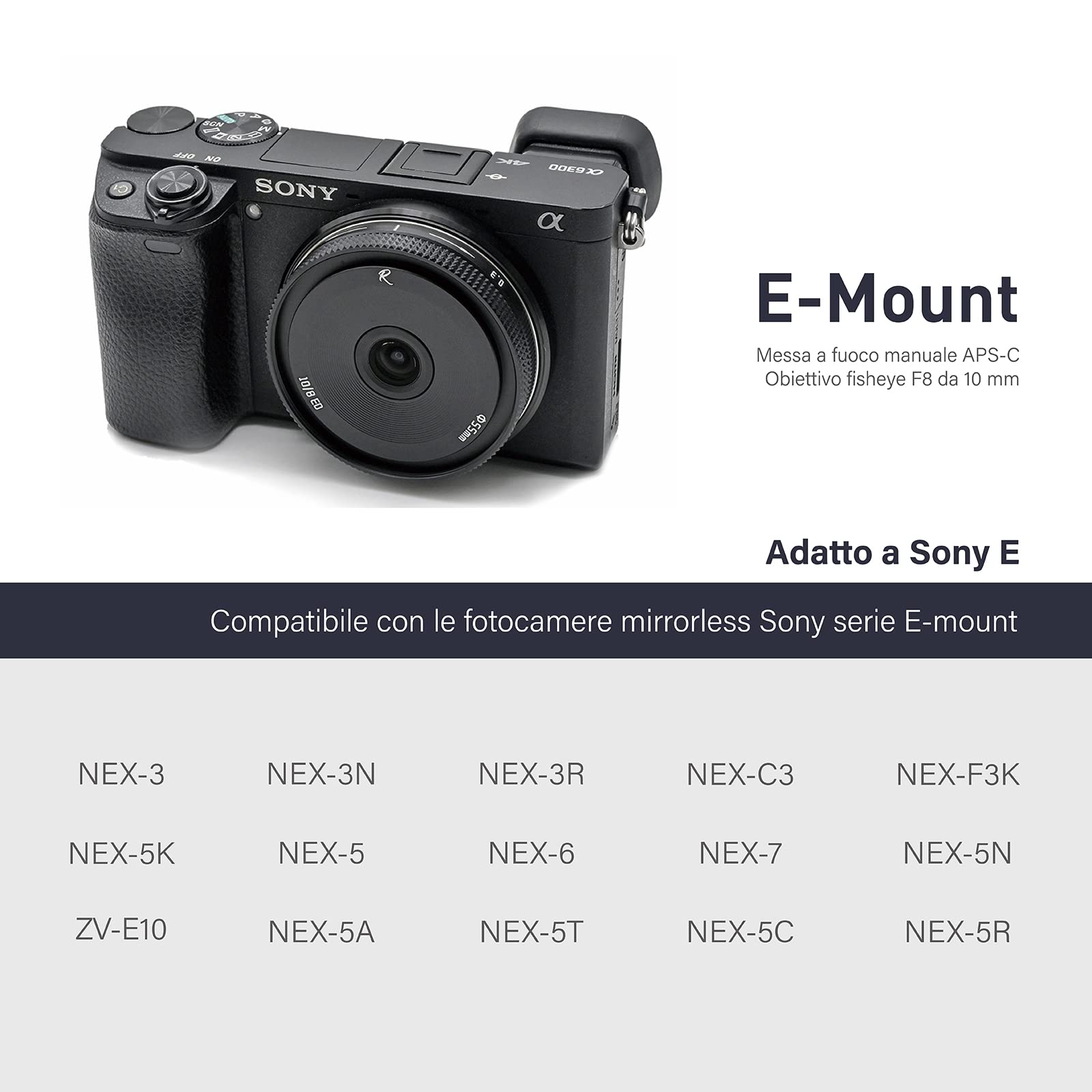AstrHori 10mm F8 II Ultragrandangolare Lente Fisheye Obiettivo manuale APS-C Compatibile con fotocamera mirrorless Sony E-Mount A6000,A6300,A6400,A6500,A5100, A5000,A6600NEX-3,ecc(nero)