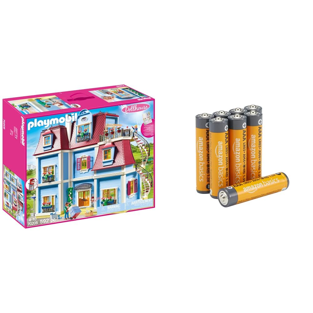 PLAYMOBIL Dollhouse 70205 Mein Großes Puppenhaus, Mit funktionsfähiger Türklingel, Ab 4 Jahren + Batterien: Amazon Basics Pack of 8 x AAA