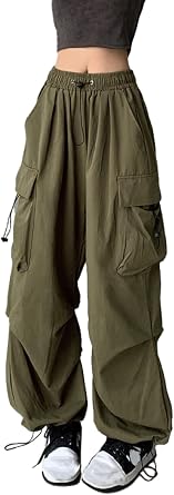 Baggy Cargo Trousers for Women Y2k Parachute Pants with Pockets