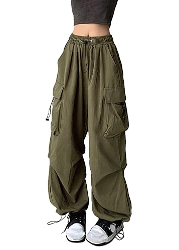 XKBHYD Womens Parachute Pants Y2K Baggy Cargo Pants Gothic Elastic Waist Harem Pants Cargo Pockets Grunge Punk Trousers - Army Green - S