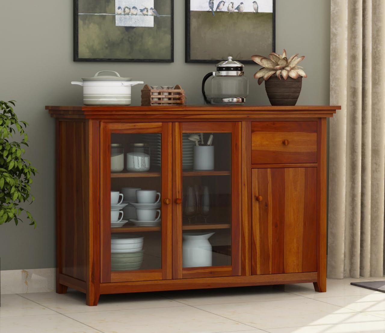 Solid Sheesham Wood Sideboard Cabinet with Storage Drawer & Cupboards for Dining Room & Living Room | Wooden Crockery & Buffet Storage Cabinet for Home | Honey Finish-image-37