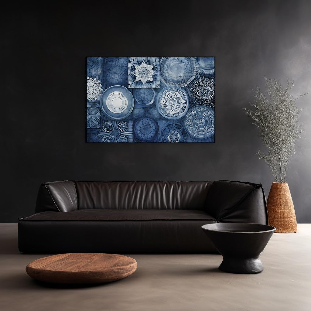 Canvas for Living room. Harmonious Fusion of Geometric Grace: Exploring the Abstract Artistry of Blue and White Patterns, 27 x 18 inch Canvas Wall Art - Contemporary Masterpieces - Modern Home Decor