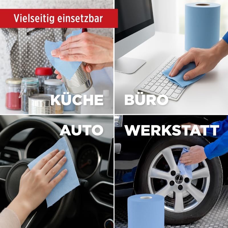 TECPO Putztuchrolle Blau 2x 500 Blatt gesamt 1000, 3-lagig, perforiert, saugstark, Putzrolle Papierrolle Reinigungstücher Wischtücher Putzpapier für Gewerbe