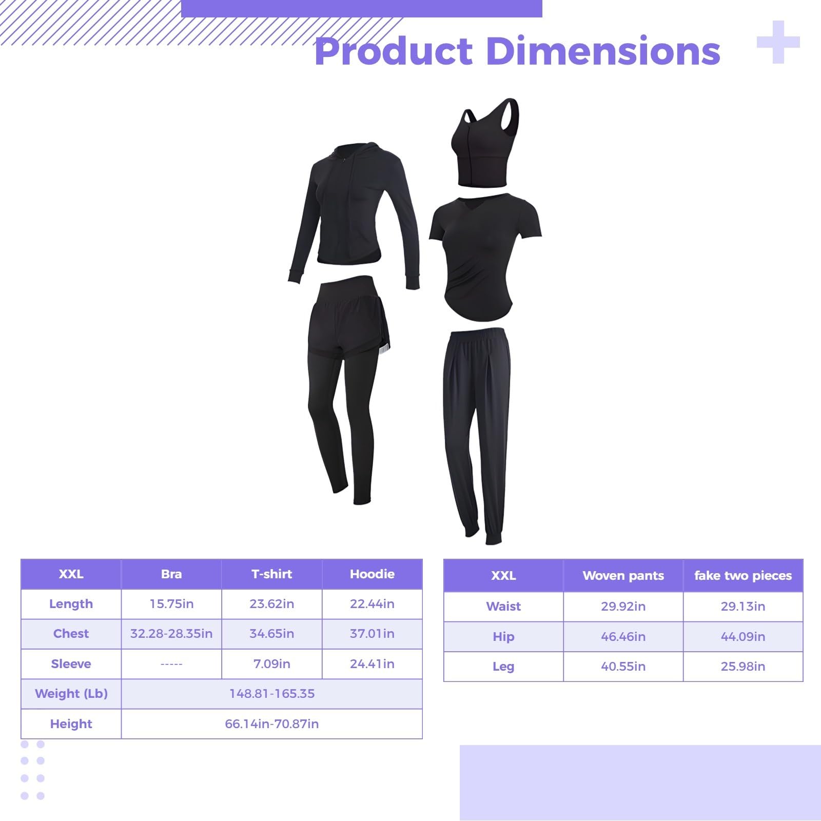 Conjunto de ropa deportiva para mujer, conjunto de 5 piezas, ropa de yoga, conjuntos de entrenamiento de manga larga para mujer, diseño negro, tela transpirable cómoda, XXL para 135-150 libras de