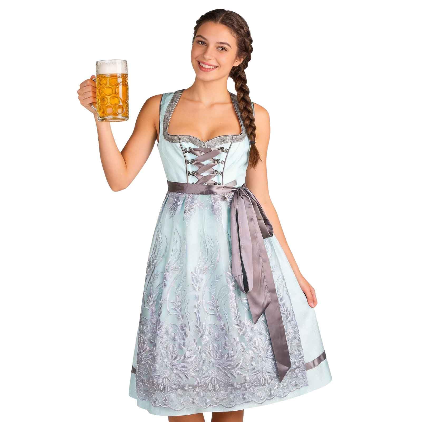 Jecarden Dirndl Damen inkl. Spitzenschürze 2 Teilig midi Krüger Dirndl Trachtenkleid Damen für Oktoberfest