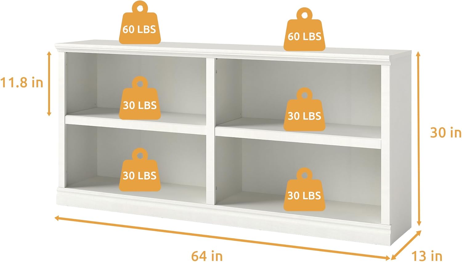 Bevfint Double Wide Open Shelf Bookcase - 2 Tiers 4 Storage Cube Adjustable Space Book Case, Display Cabinet Organizer with Bookshelf, 64.8 inch Width Indoor Furniture for Home Library Office, White