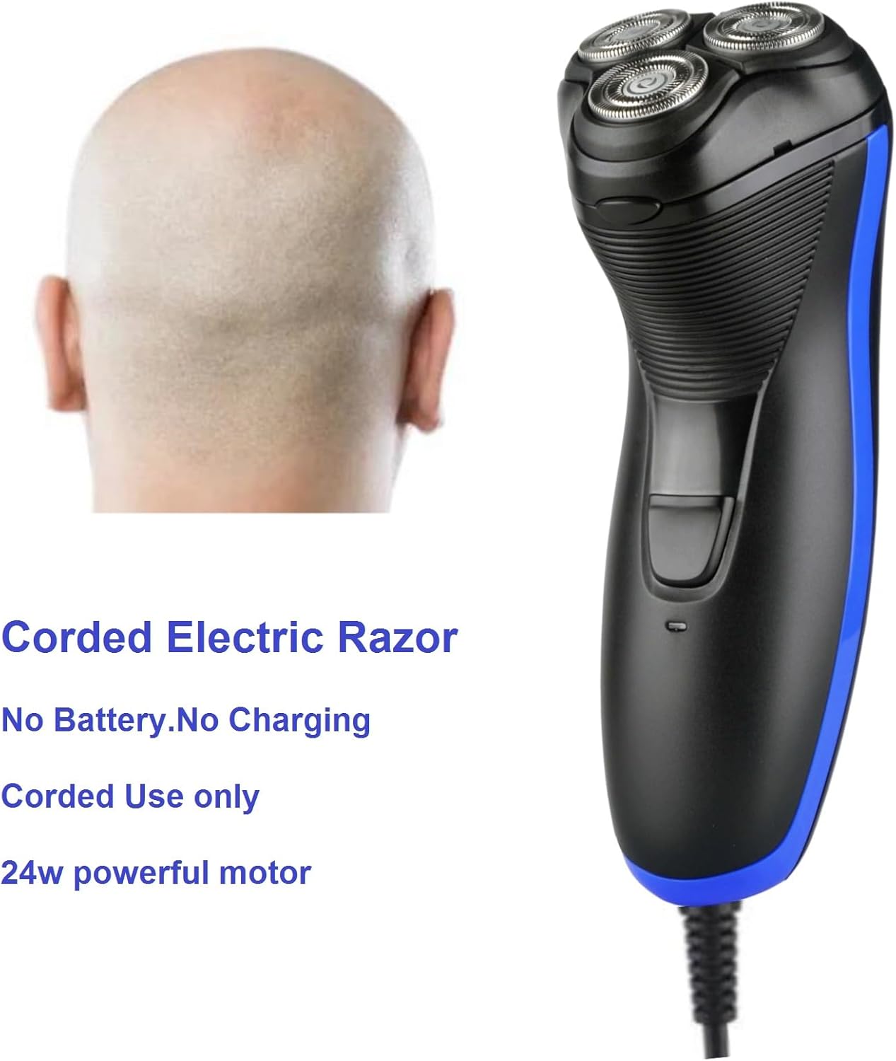 Corded Electric Razor for Men,Face and Bald Head Shaver,3D Rotary Close Shaving Machine.Plug in 10 000RPM Powerful Razor for Bold Heavy Hair,24w Stubble Beard Clipper with Pop-up Trimmer