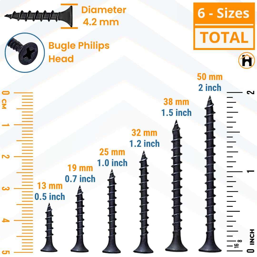 Homdum Assorted Black Dry Wall Screws 6 Sizes (13 mm to 50 mm) + Ph Bit 1 nos, (Pack of 451 Pieces) - Image 4 thumbnail