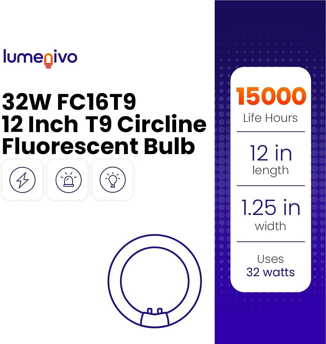lumenivo FC12T9 32W Light Bulb Replacement 12 Inch, T9 Circline Fluorescent Bulb - 4-Pin G10Q-4 Base - Great for Ceiling Fixtures, Garage Lights and Many Applications - 6500K Daylight - 1 Pack