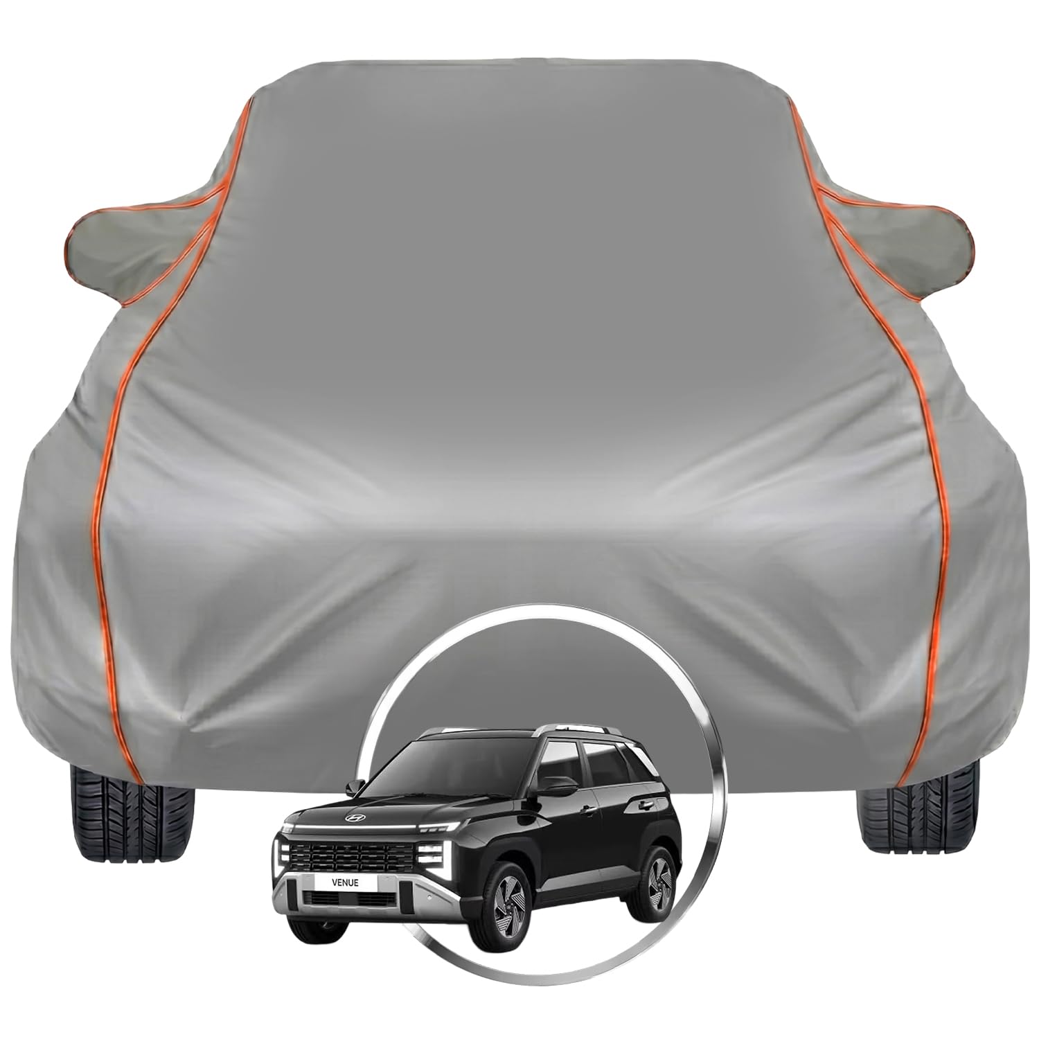 Pivalo Car Cover for Hyundai Venue – Fits All Model & Year | 100% Waterproof All-Weather UV & Paint Protection | Premium 3-Layer Fabric | Triple Stitched with Reflective Piping (Grey)