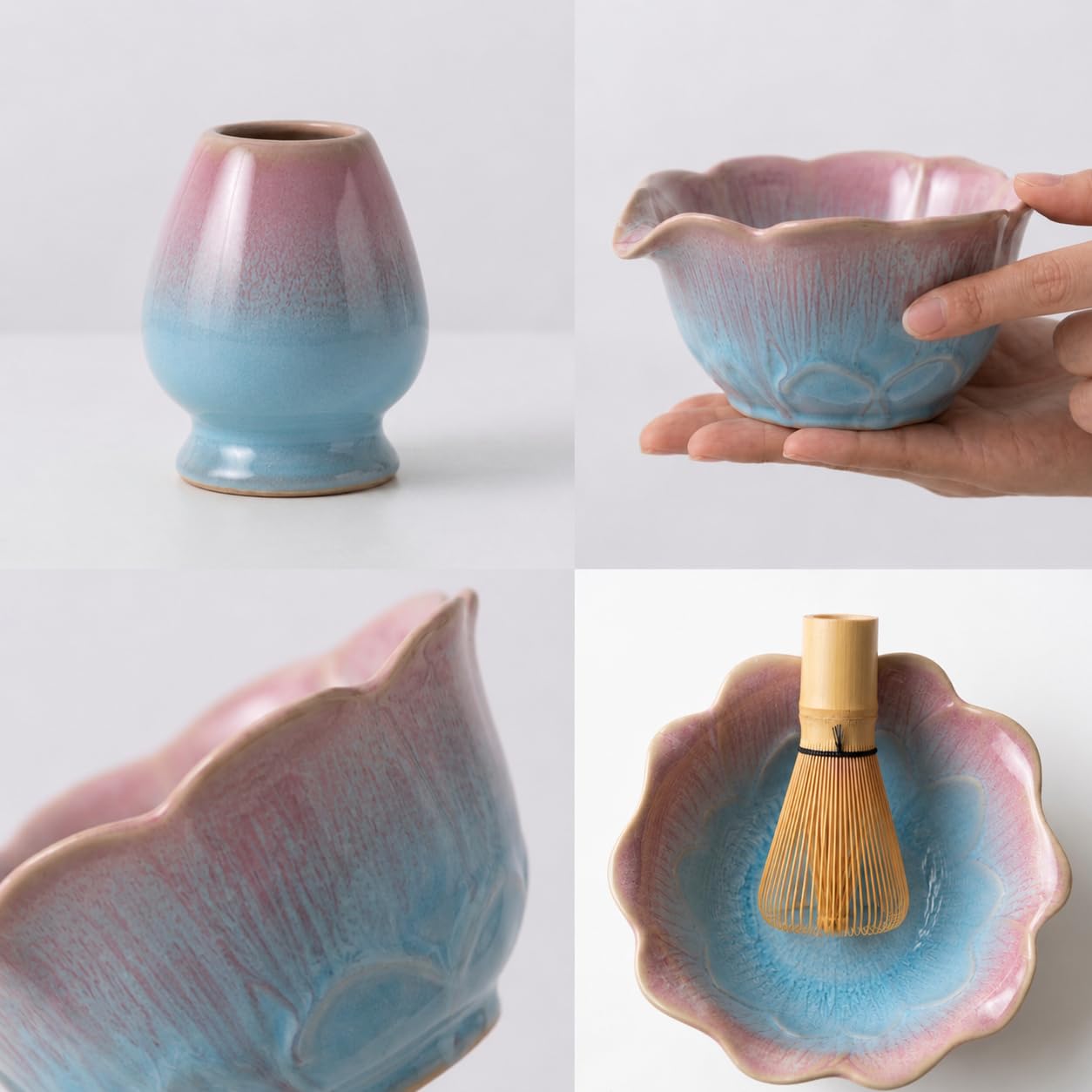 Lot de 5 bols à matcha avec bec verseur en forme de fleur bleu rose Chasen, fouet en bambou, support de chasa, cuillère en bambou, passoire, service à thé matcha japonais