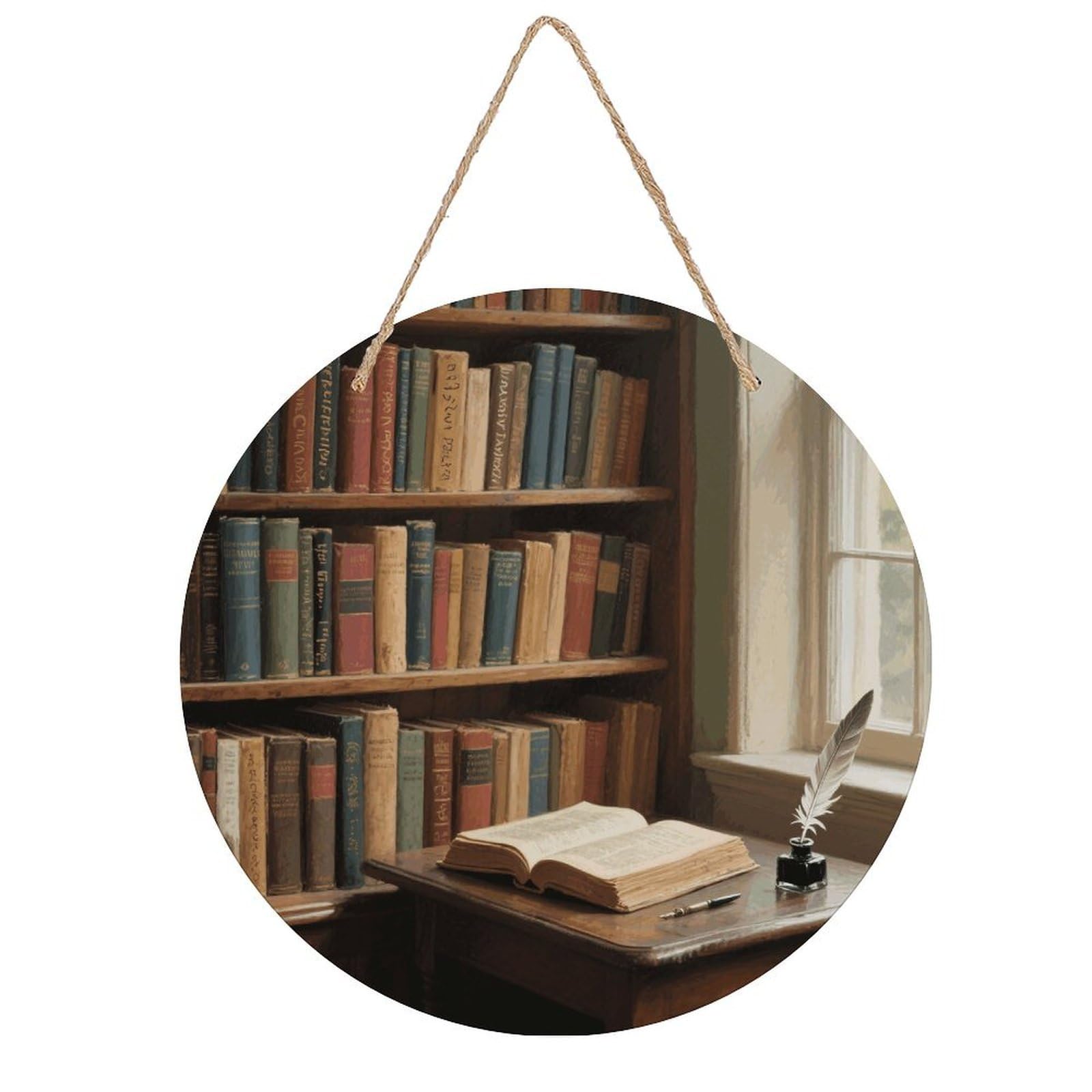 VstaDank Books Wall Decor Round Wood Hanging Sign 7.9x7.9 in Wooden Circle Door Hanger with Ropes, Rustic Wall Art Decor for Home Front Door Indoor Outdoor Decoration
