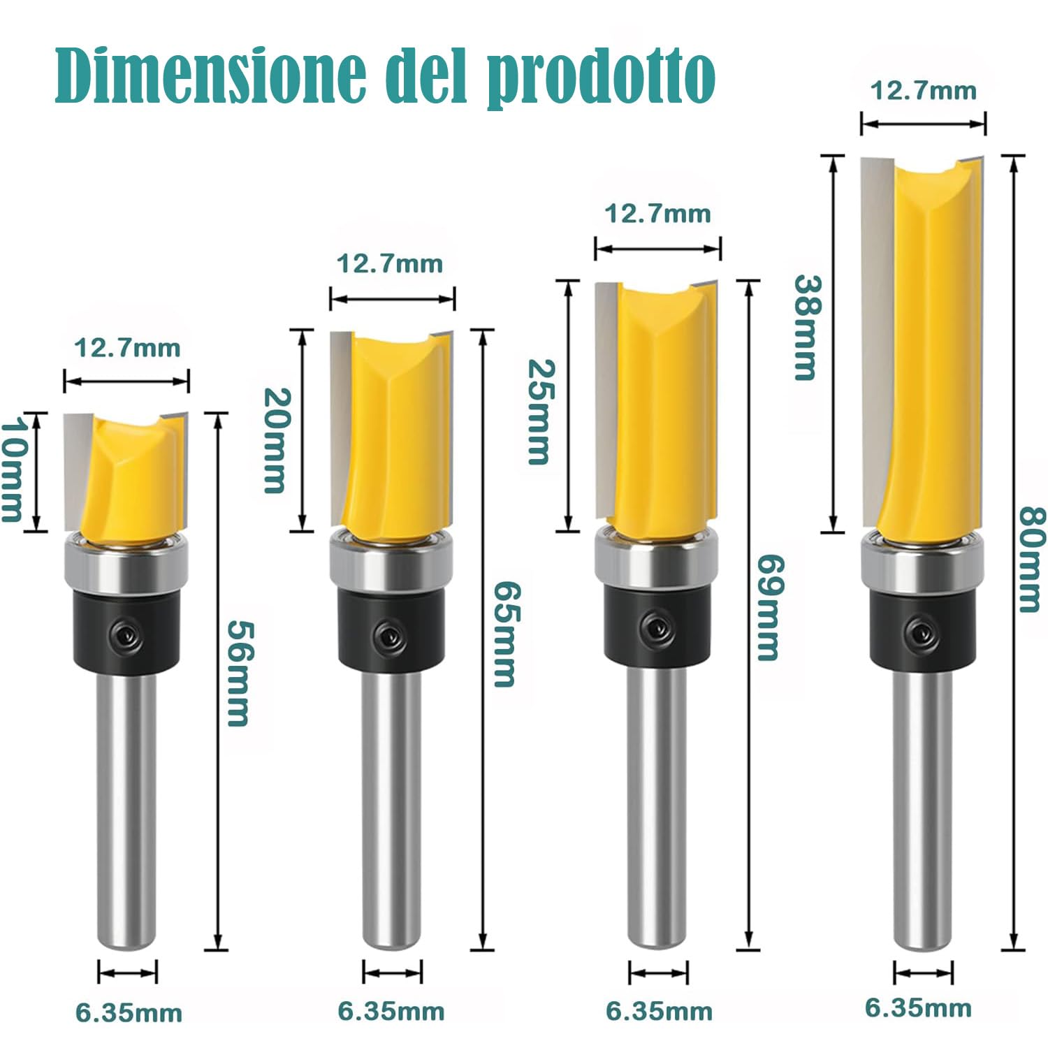 4 Pz Fresa a Taglienti Diritti 1/4" Shank con Cuscinetto Set per Rifilare e Lavorazione del Legno 6.35mm, Fresa per Scanalature e Frese Dritte