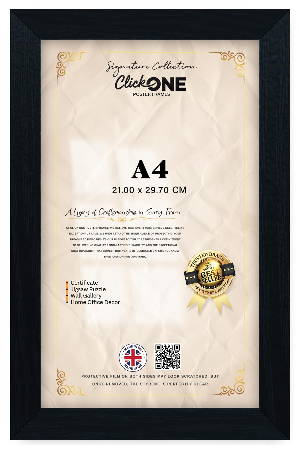 Black Click One Photo Frame A4-21 × 29.7 Cm Poster Display With Uv Protection Acrylic Hanging Hardware For Wall Mounting Display Picture Vertically Or Horizontally Mdf Backboard