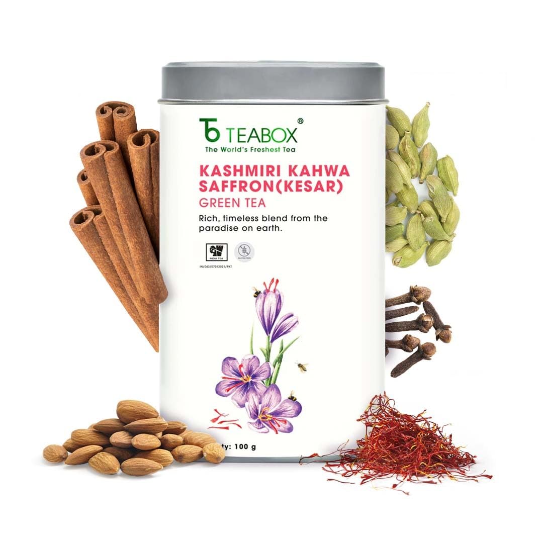 Teabox Kashmiri Kahwa Fresco Azafrán (Kesar) Té verde mezclado a mano con azafrán natural, almendra, cardamomo y clavo, ingredientes 100% naturales, 100 g