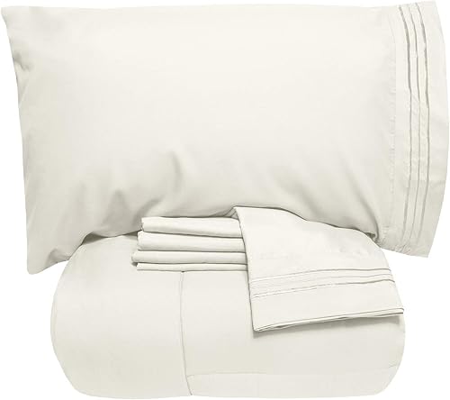 Sweet Home Collection - Lujoso juego de sábanas y edredón de 5 piezas de color sólido para cama, en una bolsa, Microfibra Poliéster, Ivory, Completo