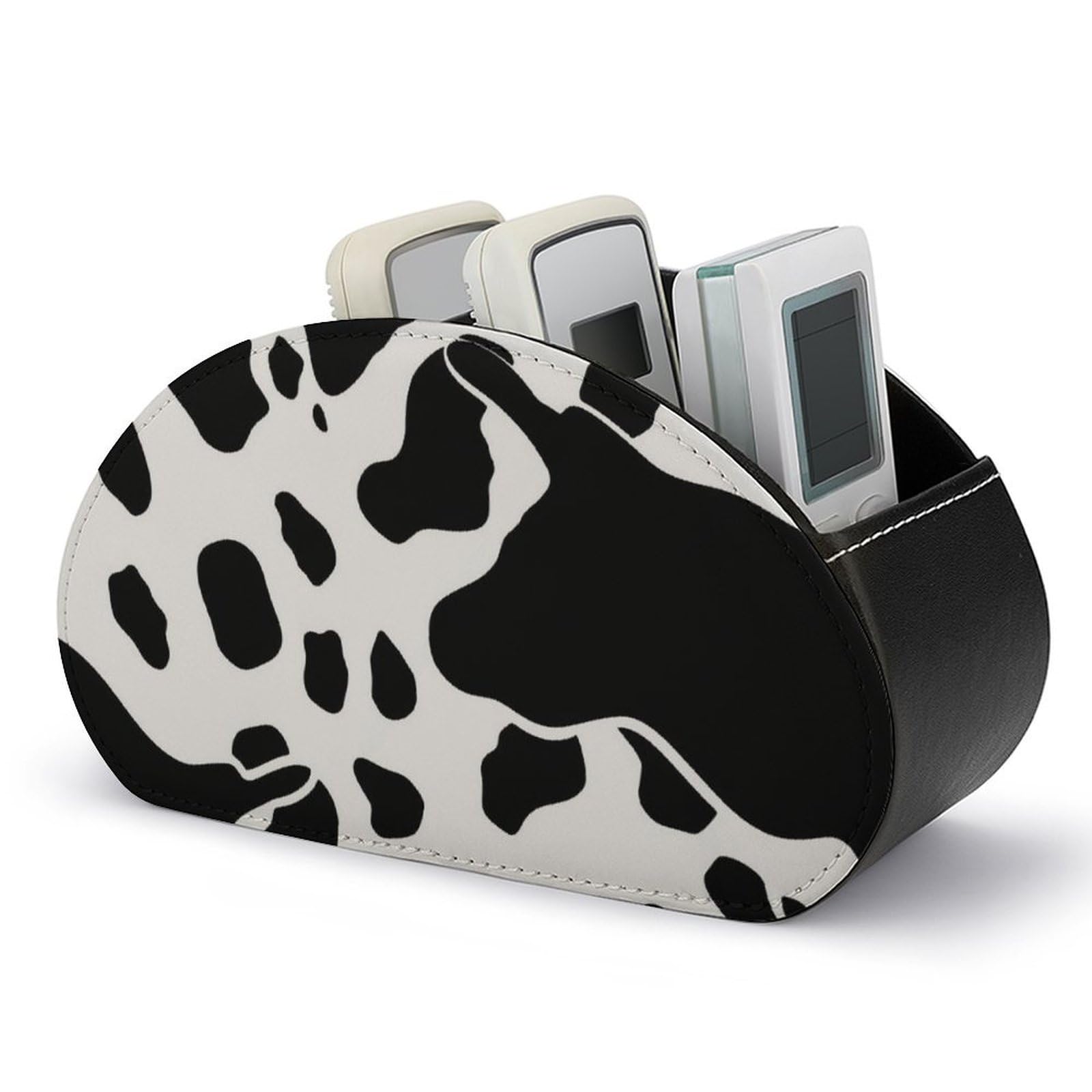 DWVTSLH Black And White Cow Print Remote Control Holder with 5 Compartments - PU Leather TV Remote Holder Remote Caddy Desktop Organizer Makeup Brush Holder, Remote Storage Box for Home Office