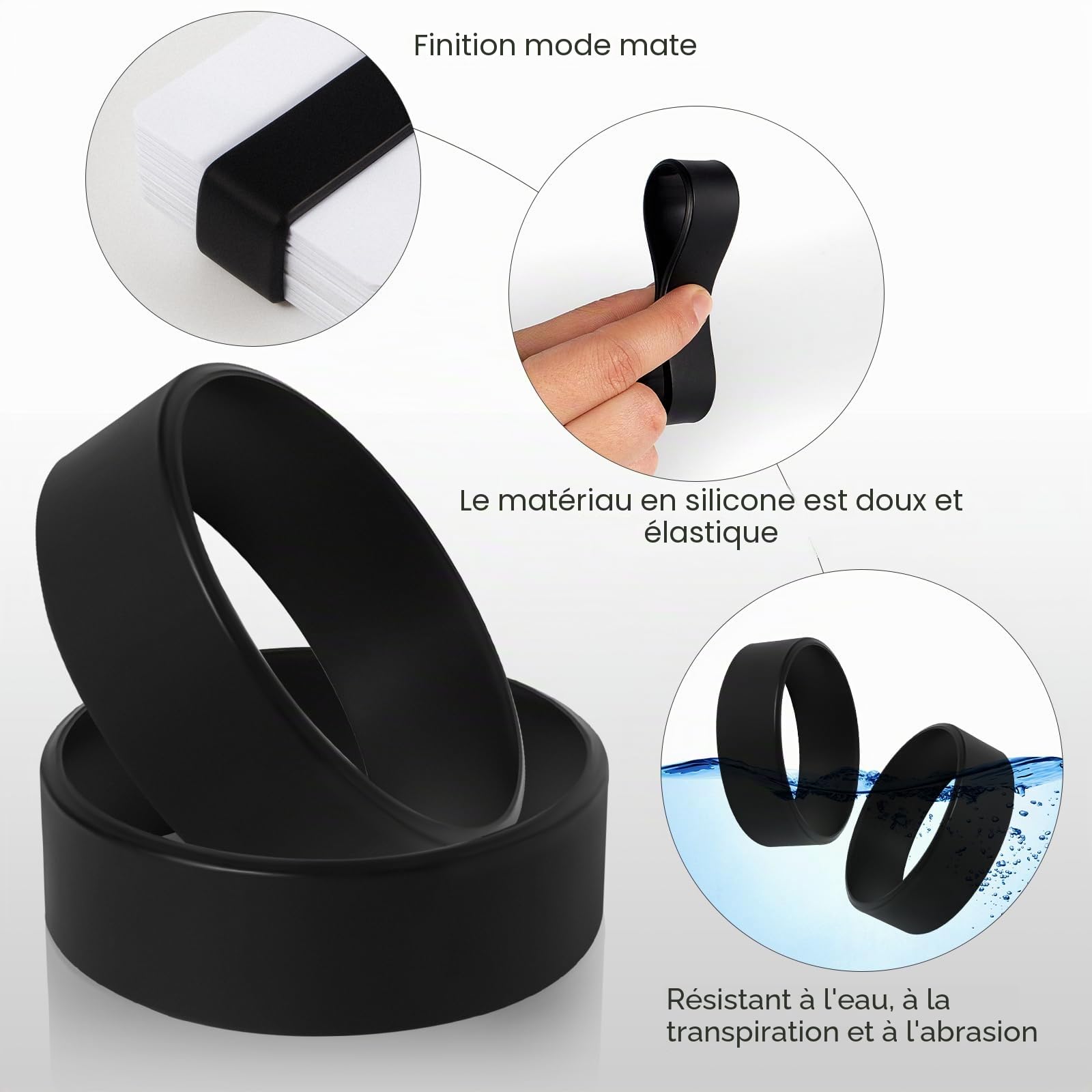 Lot de 8 bandes élastiques en silicone pour billets et cartes bancaires - Avec 4 cartes en PVC - Noir
