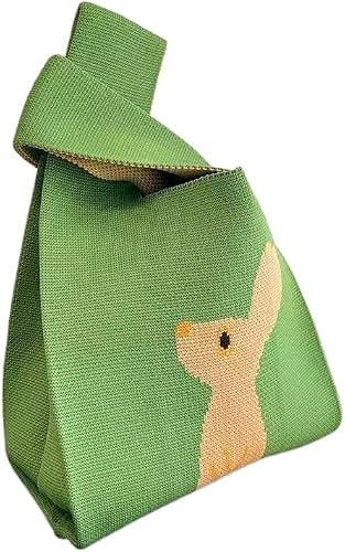 Women Girl Wrist Knotted Tote Bag Fashion Crochet Wristlet Handbag Aesthetic Cute Knit Purse Small Size (Rabbit Green)