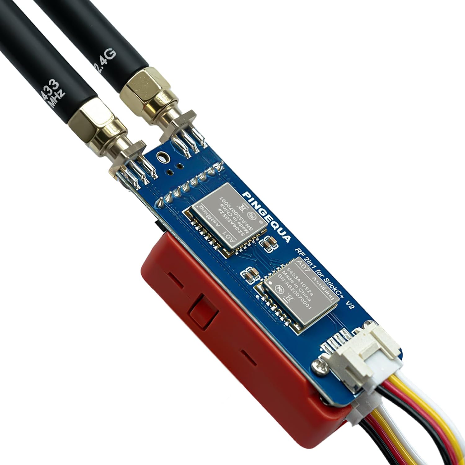 Topp view of the RF module showing the NRF24 and CC1101 chips and switch