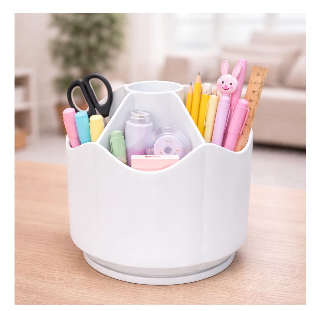 AccuPrints Sumiko Desk Organizer Pen Holder, Green, Plastic, Multi-Compartment, Cylindrical, 13.5x12.7 cm, Matte Finish, Freestanding (White)
