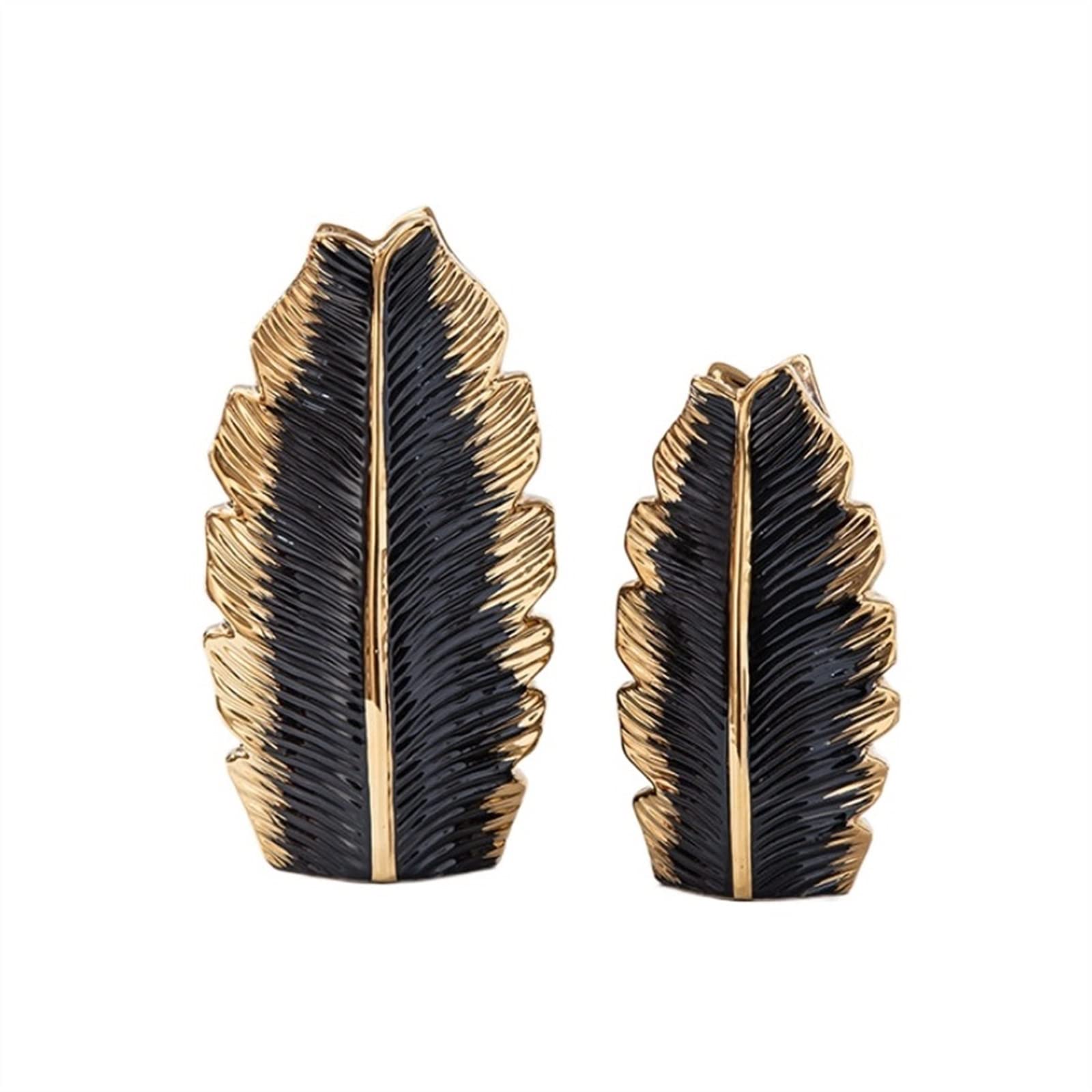 Bzgpmfud C Vase Desktop 2Pcs Black Gold White Plating Leaf Erami Modern Simple Household Tv Abinet Decoration Flowers(C)