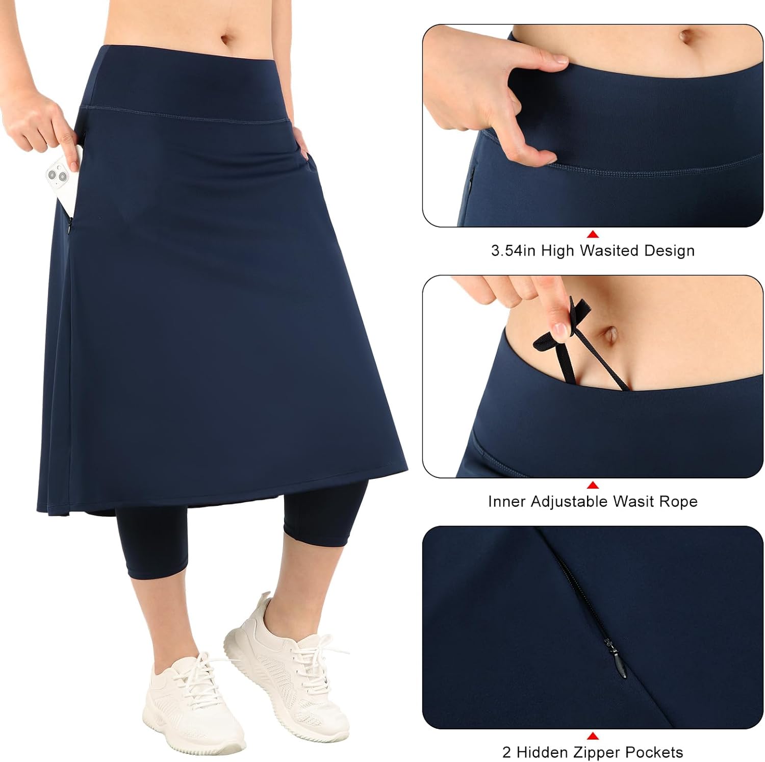 Womens Athletic Skirted Leggings with Pockets High Waisted Knee Length Skirts with Capris Leggings for Tennis - Image 4