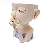Face Flower Pot Cute Girl and Dog Planter Resin Lady face Head Planter Pot Closed Eyes Planter Pot with Drainage Hole Succulent Planter Pot for Plants Flower Cactus Garden Indoor Outdoor
