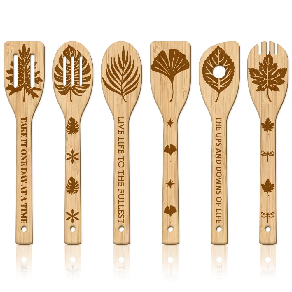 Juego de cucharas de madera GLOBLELAND con grabado Monstera de espátulas de cocina de bambú