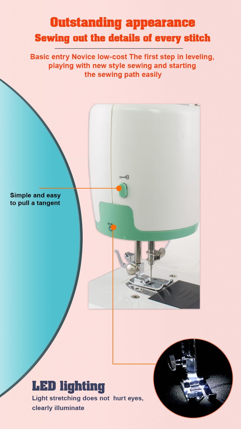 Nähmaschine für Anfänger, tragbare Mini-Nähmaschine mit 50-teiligem Stoff und 32-teiligem Nähgarn-Set, 16 integrierte Stiche, 2 Geschwindigkeiten, mit Fußpedal (Minzgrün)