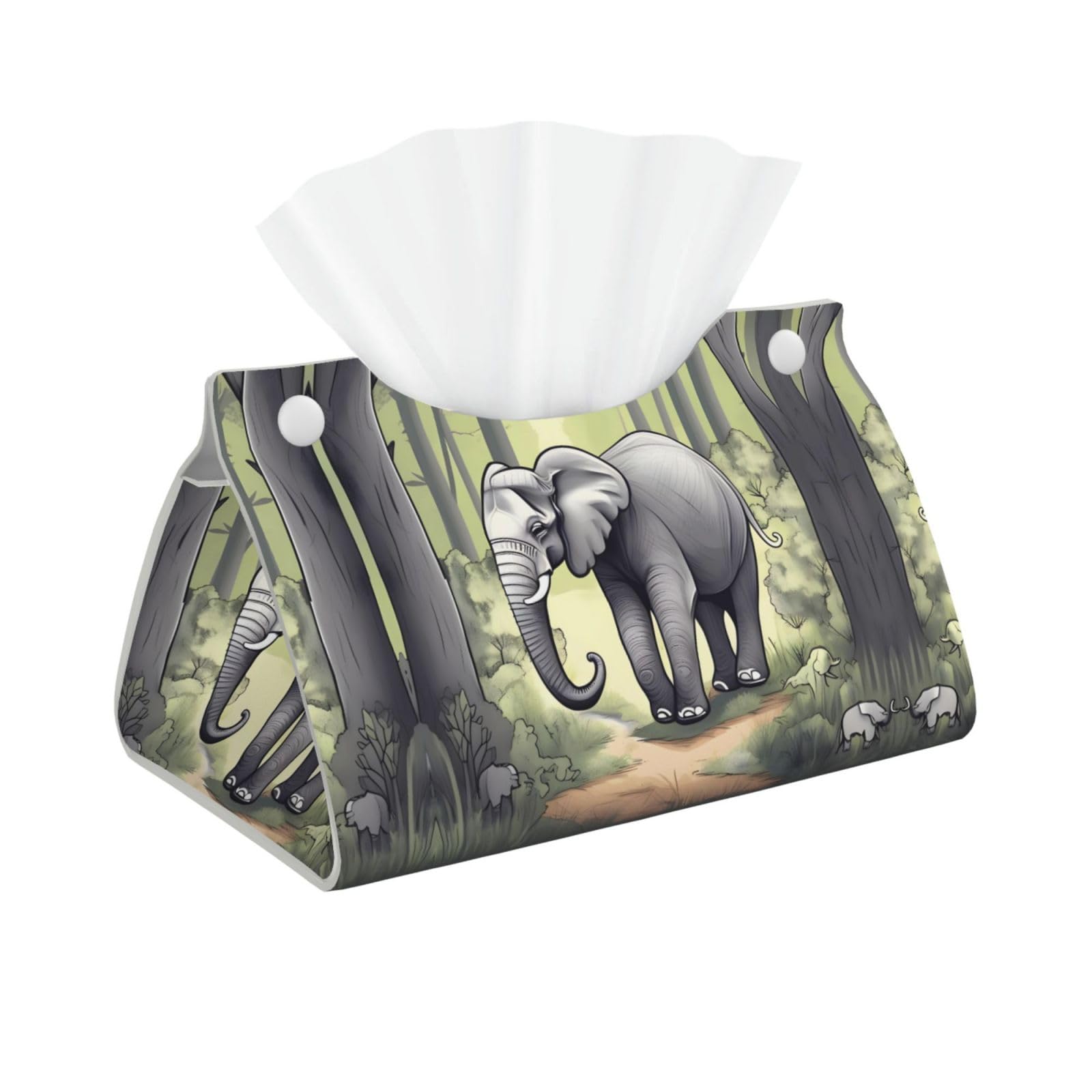 Walking Elephant Print Long Tissue Box Cover Holder Foldable Leather Organizer for Vanity, Nightstand, Desk & Bathroom