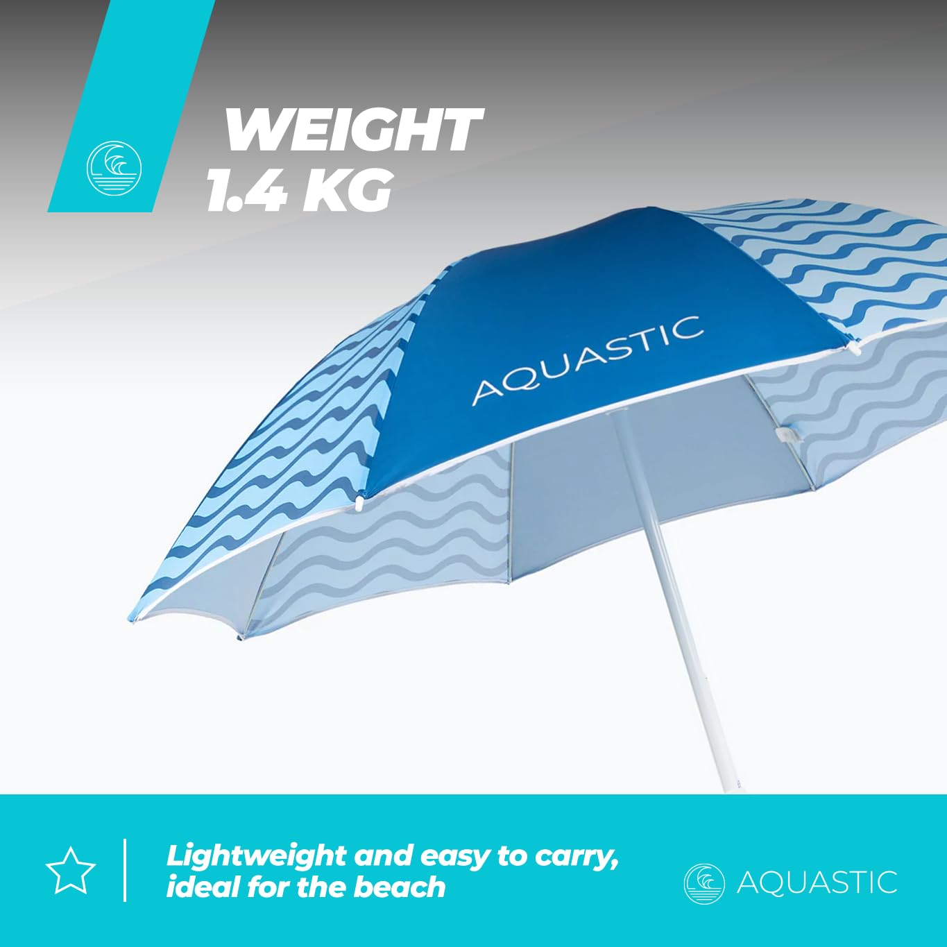 AQUASTIC OMBRELO Niebieski parasol plażowy, wiatroszczelny, stabilny parasol na plażę i do ogrodu, trwałe materiały, łatwy do złożenia i transportu, kompaktowy, 160 x 190 cm