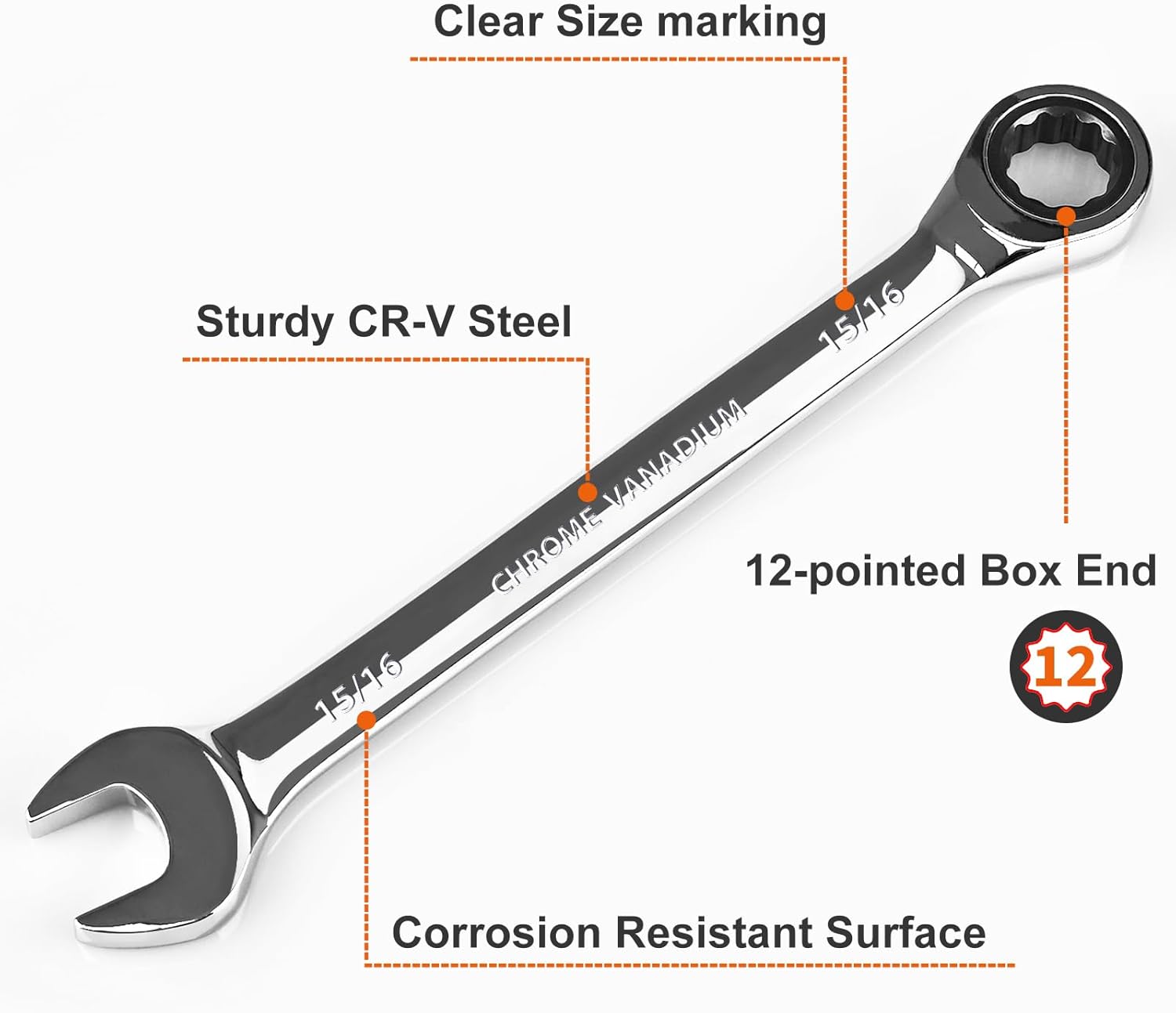 Egofine 15/16 inch Ratcheting Combination Wrench SAE, Industrial Grade Gear Spanner with 12-Point Design, 72-Tooth Ratchet, Chrome Vanadium Steel