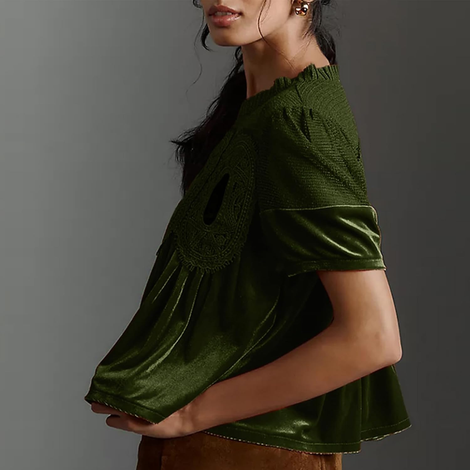 Women's Velvet Lace Babydoll Tops Casual Round Neck Short Sleeve Flared Swing Blouse Elegant Pleated Loose Fit Shirts - Image 3