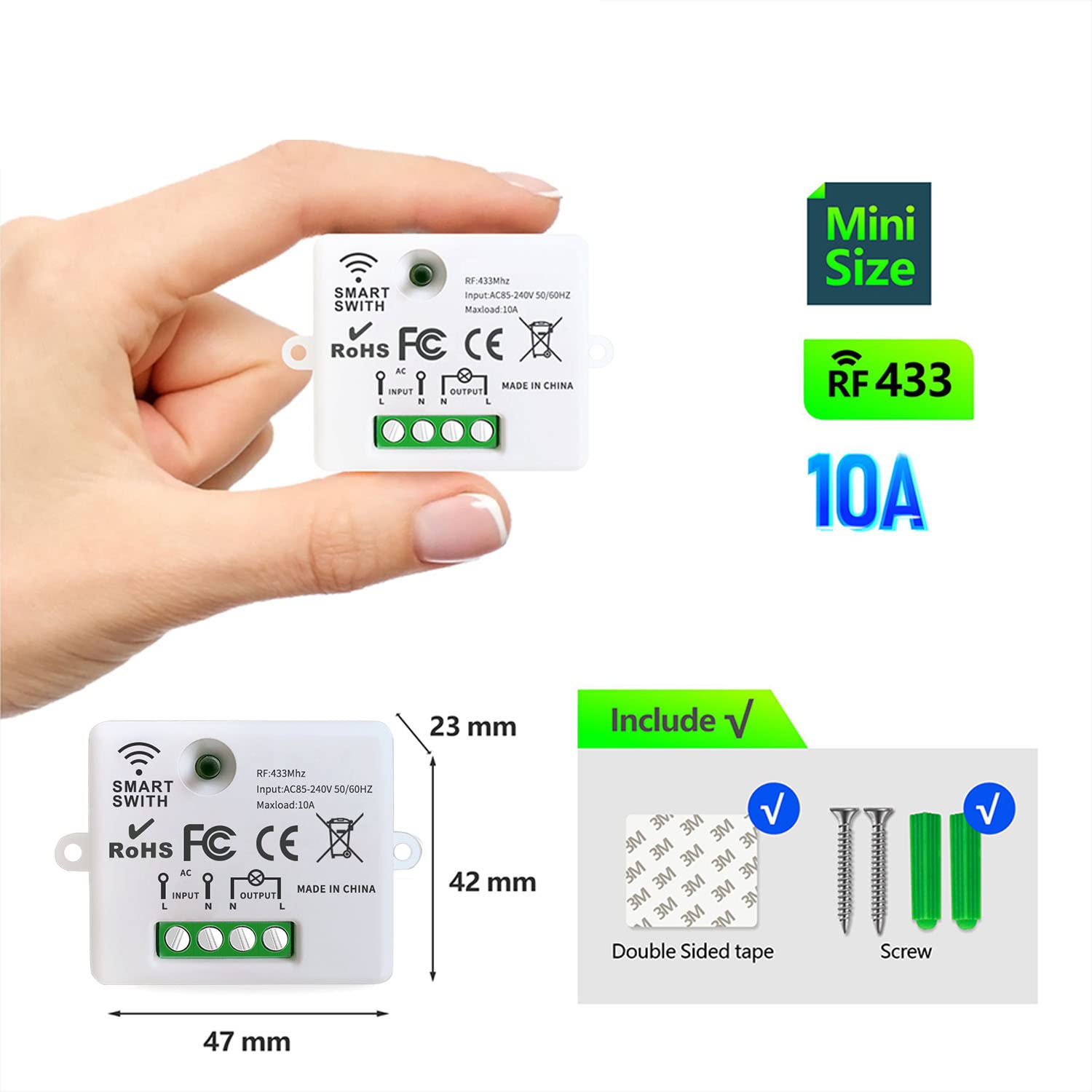 Kit Interruttore Wireless Push Back Mini Trasmettitore Radio 433MHz - Portata di Controllo 150 Metri - Interruttore Mobile 2200 Watt