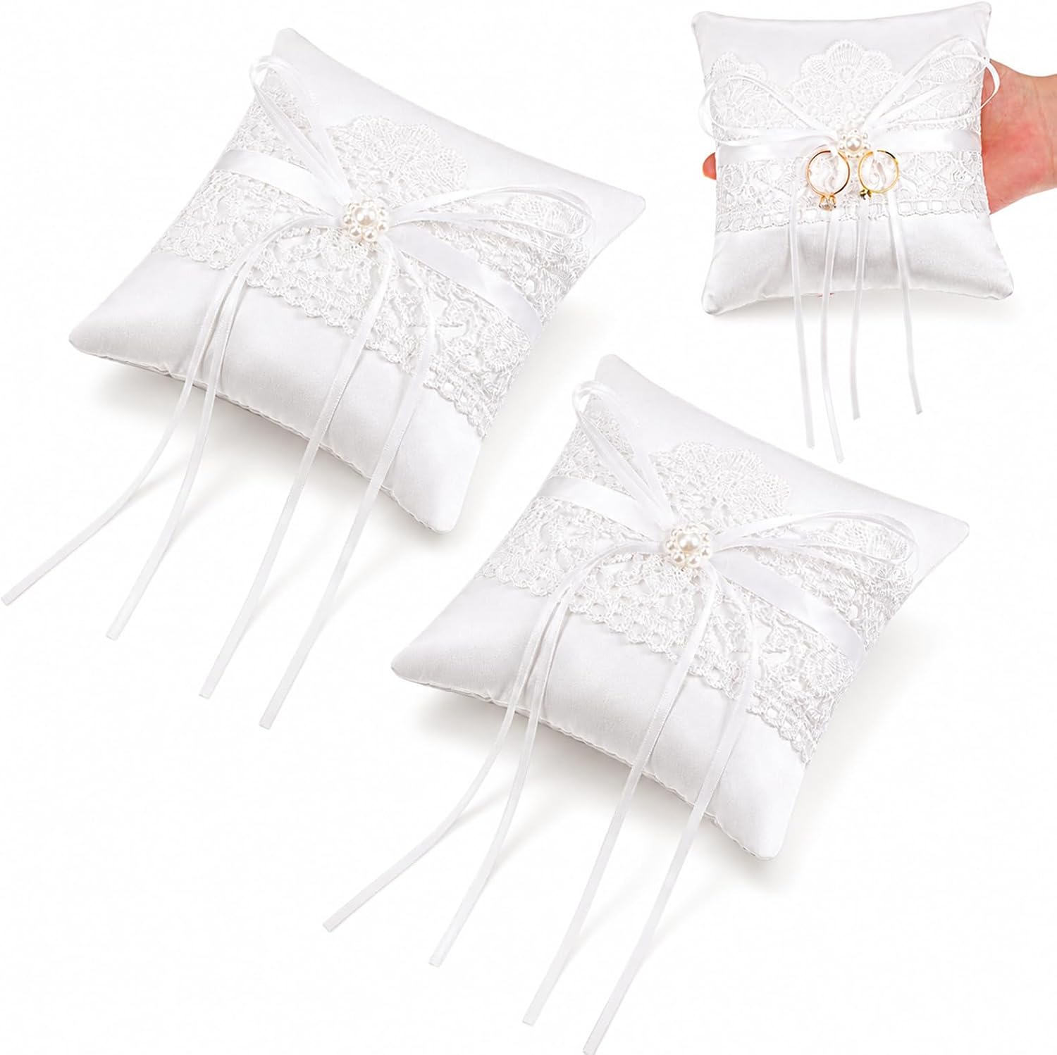 2 PCS Wedding Ring Pillow, 5.9 Inch Lace Pearl Bearer Ivory Satin Bowknot Rings Pillow Barrier Lace Pearl Satin Bowknot Rings Bearers Cushion for Ceremony Wedding Party