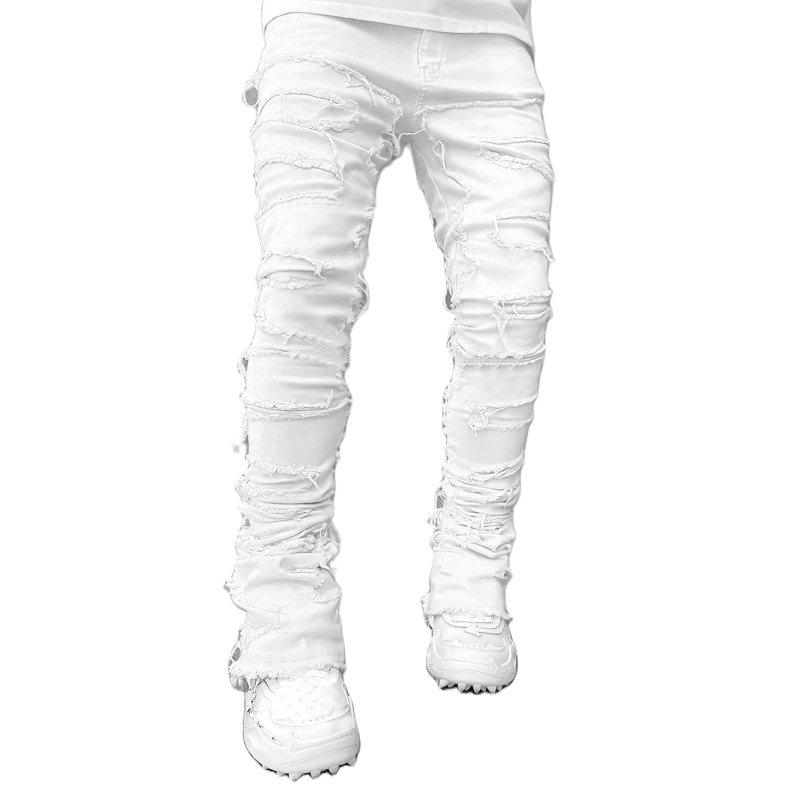 Kodaruber Mens Stacked Jeans Slim Fit Ripped Skinny Stretch Jeans Distressed Straight Denim Pants Hip Hop Trousers Streetwear
