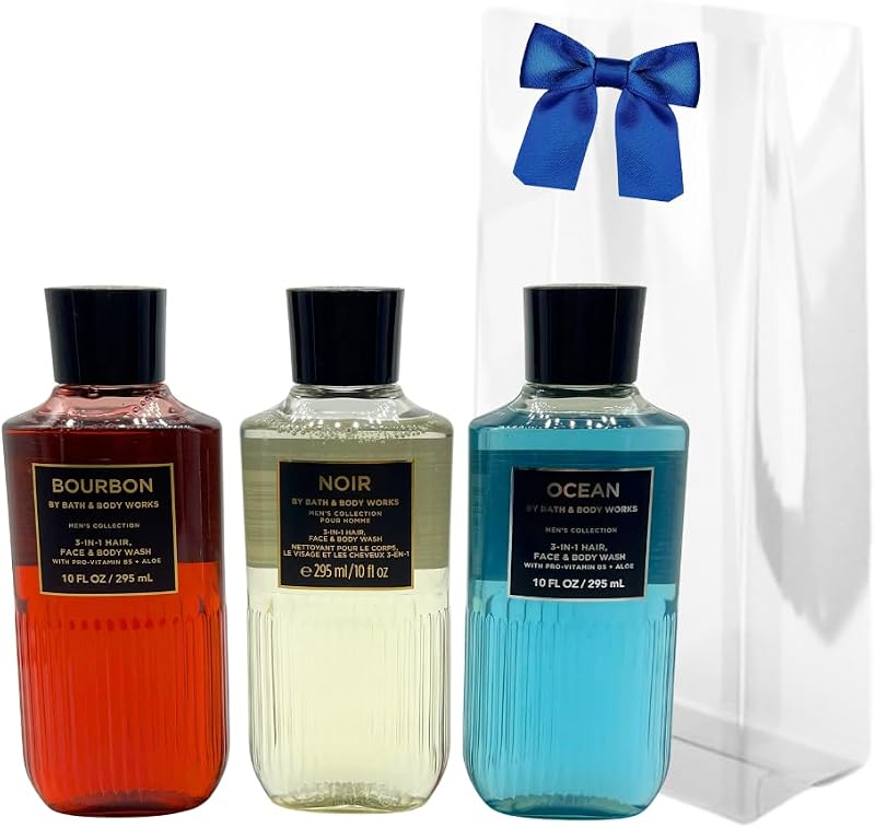 BOURBON, NOIR, OCEAN Men's Collection 3-in-1 Hair, Face & Body Wash 3-piece Gift Set with a Blue Bow for Holidays - 10 fl oz each