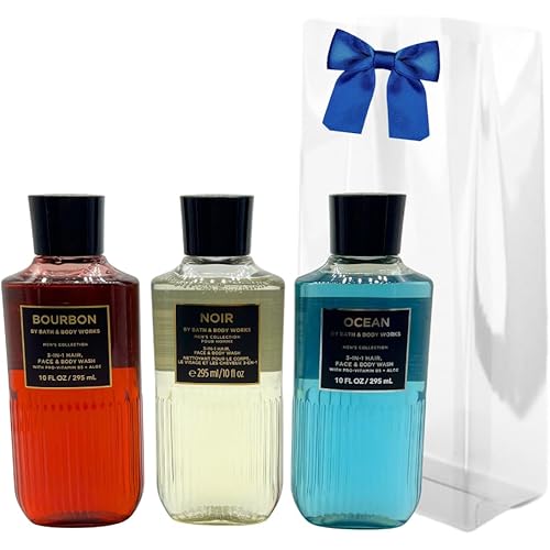 Bath & Body Works BOURBON, NOIR, OCEAN Men's Collection 3-in-1 Hair, Face & Body Wash 3-piece Gift Set with a Blue Bow for Holidays - 10 fl oz each