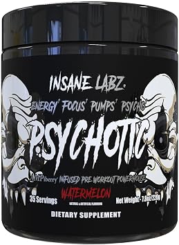 Insane Labz Psychotic Black Edition Mid Stimulant Pre Workout Powder, Energy Focus Pumps, Loaded with Creatine Beta Alanine Taurine Fueled by AMPiberry, 35 Servings Watermelon