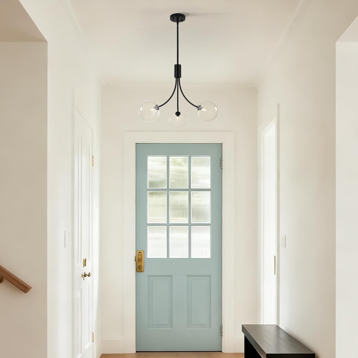 3-Light Modern Black Chandelier，Dining Room Light Fixtures Over Table，Sputnik Chandeliers with Clear Glass Shade for Kitchen Island Living Room Bedroom Foyer Entryway,25.2in,G9.