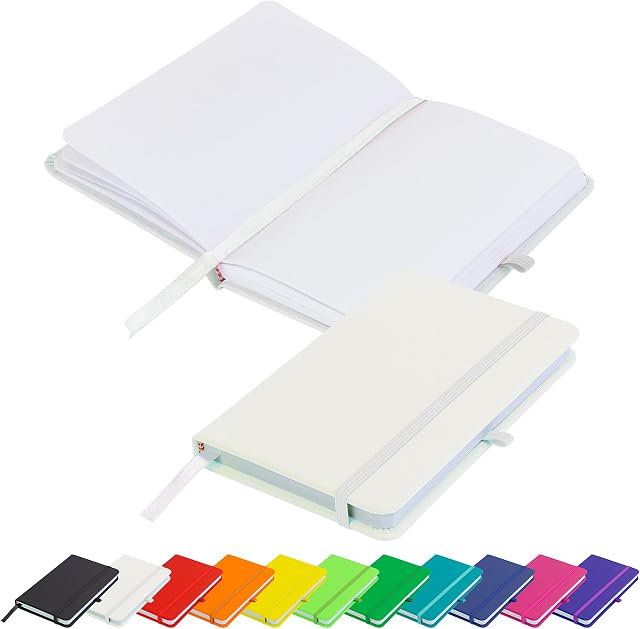 Blanco Basic A6 Notebook Unlined Plain Page New Hardback Journal with Pen Loop, Elastic Closure, Ribbon Marker and Pen Loop Notepad Note Book Notes Diary Pad (White)