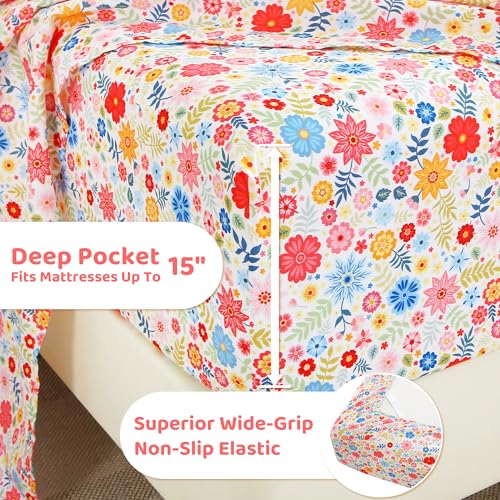 Image of Mooreeke Cozy Floral Microfiber Printed Floral Full Sheet Set - Soft & Breathable Colorful Flower Custers Bed Sheets with Extra Deep Pocket - Non-Slip Fitted Design - Colorful Flower Pattern - Full