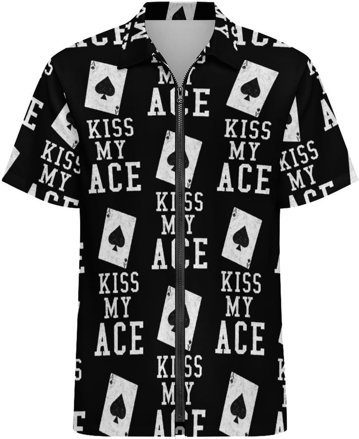 Kiss My Aces Poker Casino Men's Short Sleeve Shirt Zip-Up Golf Polo Shirts with Pocket