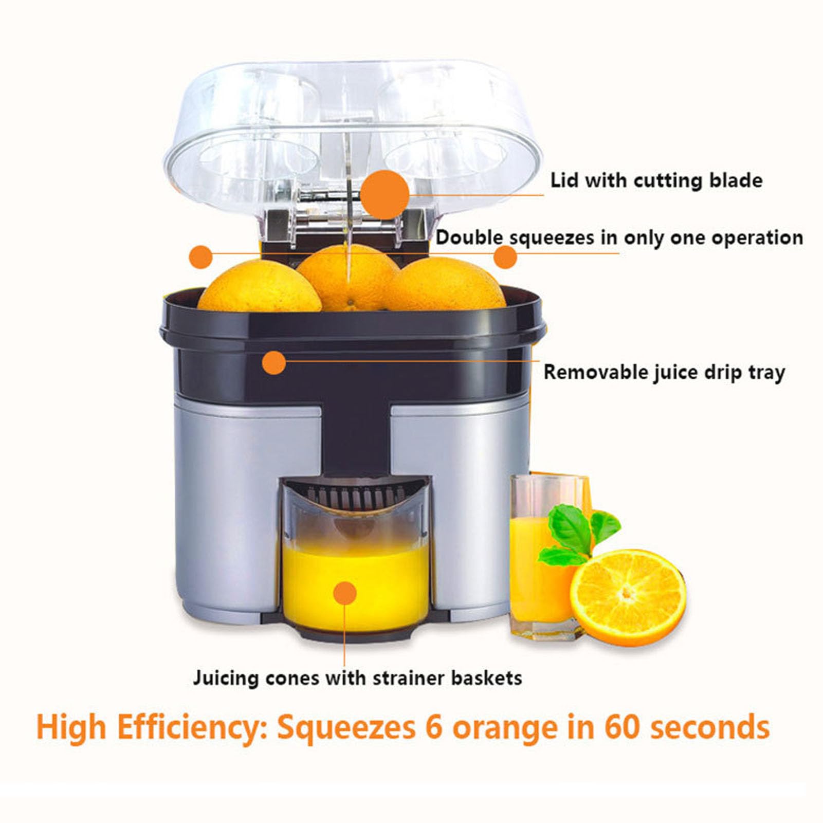 Exprimidor de Cítricos Eléctrico, Exprimidor de Limón y Naranja, de Separación Automática de Doble Eficiencia, Velocidad 18000 Rpm, Exprime 6 Naranjas en 60 Segundos