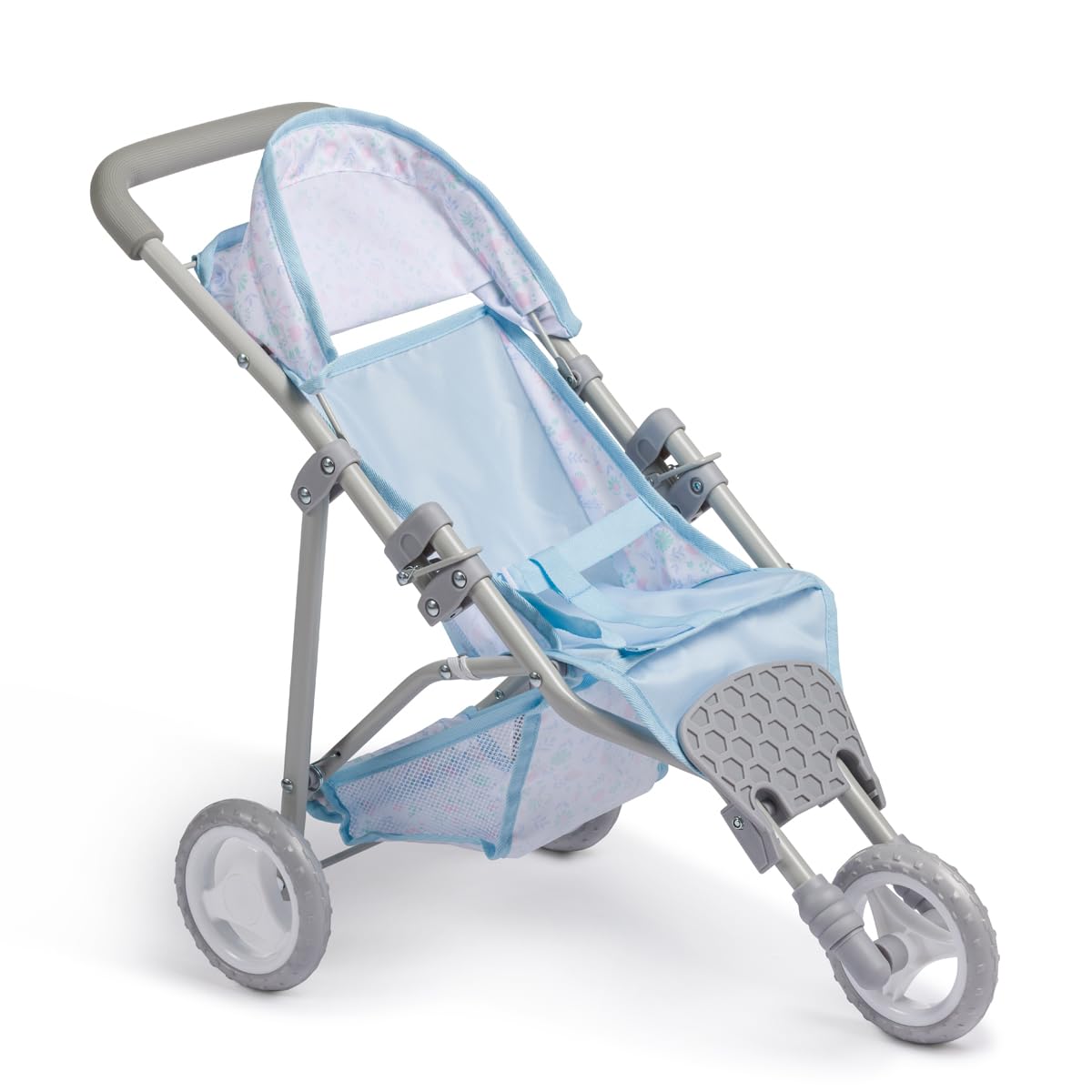 JC Toys Poussette Pliable à 3 Roues, pour poupées jusqu'à 45 cm, avec Panier et Capote, idéale pour Jouer et se Promener, Bleu avec décoration Florale, conçue par Berenguer, +3 Ans