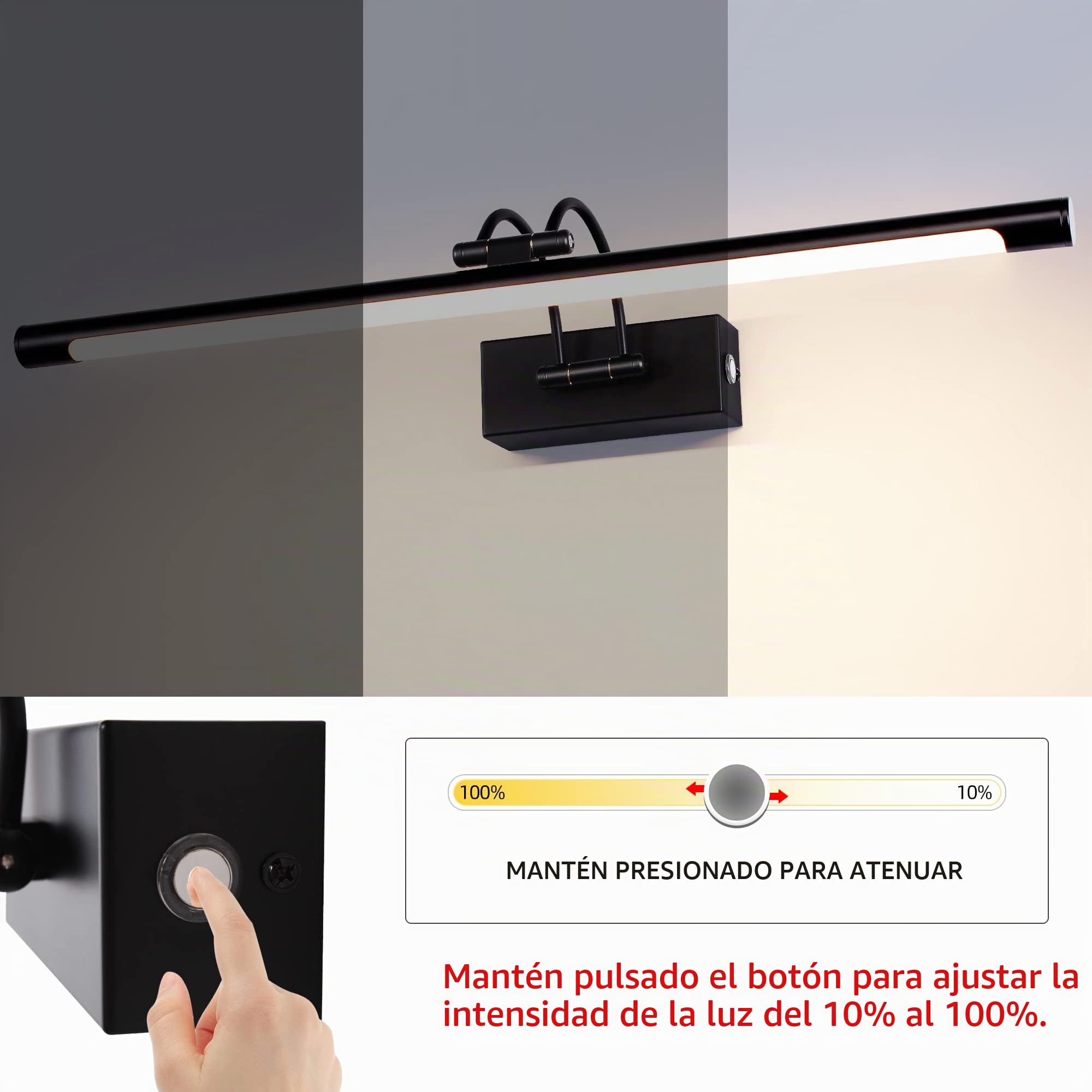 MantoLite LED Regulable Lámparas de Pared 15W,60CM Interior Iluminación para cuadros y expositores Cabeza Giratoria Lectura Lámpara,Negro Baño Espejo Apliques de Pared 3000K/4000K/6000K